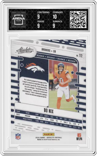Bo Nix from the 2024 Panini Absolute set graded by Arena Club and given an overall grade of 9.5.
