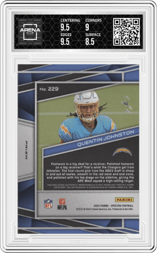 Quentin Johnston from the 2023 Panini Spectra set featuring a Gold Laundry Tag Nike Swoosh parallel graded by Arena Club and given an overall grade of 9.