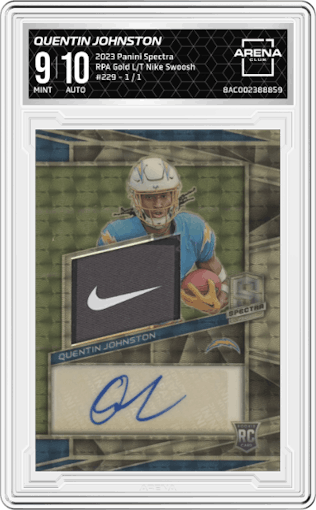 Quentin Johnston from the 2023 Panini Spectra set featuring a Gold Laundry Tag Nike Swoosh parallel graded by Arena Club and given an overall grade of 9.