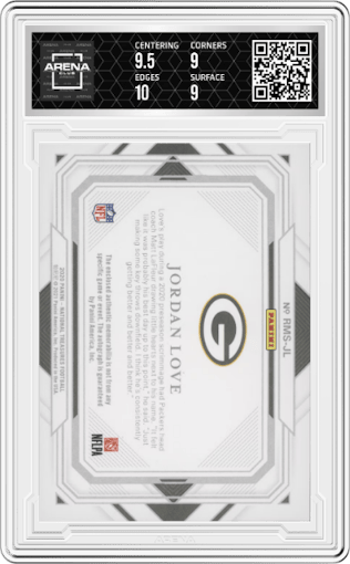 Jordan Love from the 2020 Panini National Treasures set graded by Arena Club and given an overall grade of 9.5.