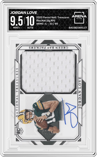 Jordan Love from the 2020 Panini National Treasures set graded by Arena Club and given an overall grade of 9.5.