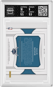 Malik Monk from the 2017-18 Panini National Treasures set graded by Arena Club and given an overall grade of 9.5.