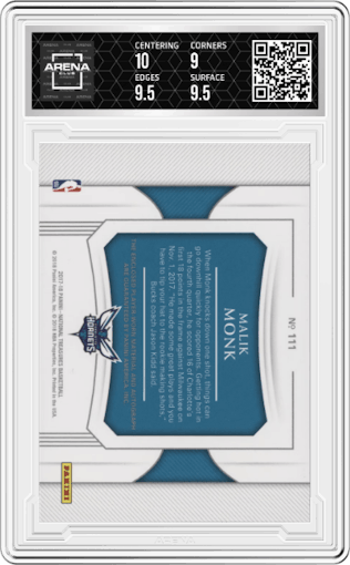 Malik Monk from the 2017-18 Panini National Treasures set graded by Arena Club and given an overall grade of 9.5.