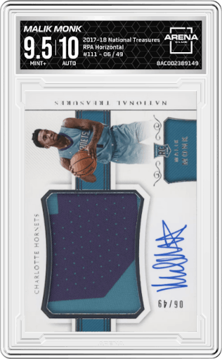 Malik Monk from the 2017-18 Panini National Treasures set graded by Arena Club and given an overall grade of 9.5.