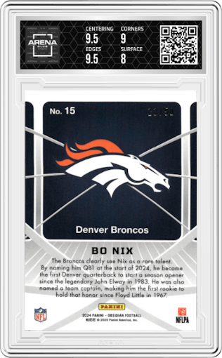 Bo Nix from the 2024 Panini Obsidian set featuring a Purple parallel graded by Arena Club and given an overall grade of 8.5.