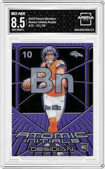 Bo Nix from the 2024 Panini Obsidian set featuring a Purple parallel graded by Arena Club and given an overall grade of 8.5.