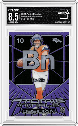 Bo Nix from the 2024 Panini Obsidian set featuring a Purple parallel graded by Arena Club and given an overall grade of 8.5.