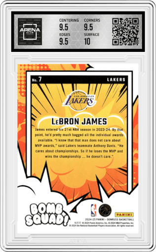 LeBron James from the 2024-25 Panini Donruss set featuring a Winter parallel graded by Arena Club and given an overall grade of 10.