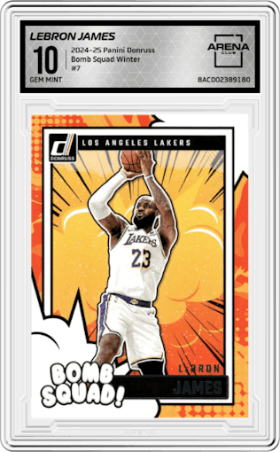 LeBron James from the 2024-25 Panini Donruss set featuring a Winter parallel graded by Arena Club and given an overall grade of 10.