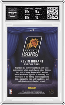 Kevin Durant from the 2024-25 Panini Donruss set featuring a Winter parallel graded by Arena Club and given an overall grade of 9.
