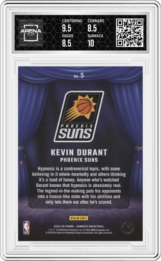 Kevin Durant from the 2024-25 Panini Donruss set featuring a Winter parallel graded by Arena Club and given an overall grade of 9.