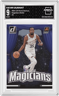 Kevin Durant from the 2024-25 Panini Donruss set featuring a Winter parallel graded by Arena Club and given an overall grade of 9.