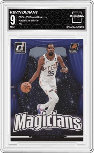 Kevin Durant from the 2024-25 Panini Donruss set featuring a Winter parallel graded by Arena Club and given an overall grade of 9.