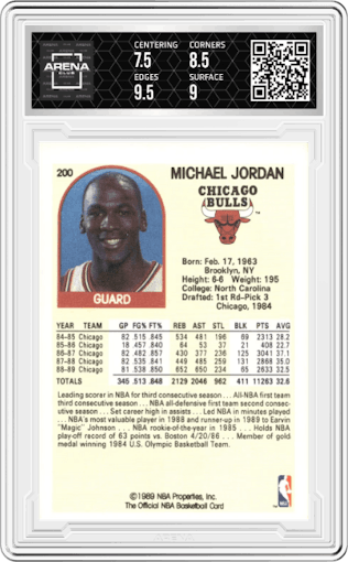 Michael Jordan  from the 1989-90 NBA Hoops  set graded by Arena Club and given an overall grade of 8.