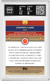 Cooper Flagg from the 2024 Topps Chrome McDonald's All-American set featuring a Aqua RayWave Refractor parallel graded by Arena Club and given an overall grade of 9.