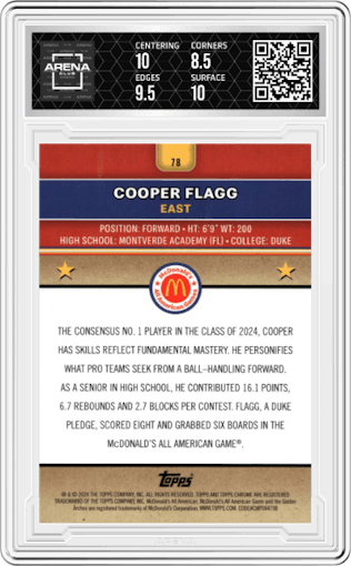 Cooper Flagg from the 2024 Topps Chrome McDonald's All-American set featuring a Aqua RayWave Refractor parallel graded by Arena Club and given an overall grade of 9.