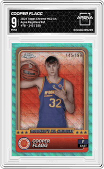 Cooper Flagg from the 2024 Topps Chrome McDonald's All-American set featuring a Aqua RayWave Refractor parallel graded by Arena Club and given an overall grade of 9.