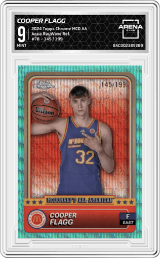 Cooper Flagg from the 2024 Topps Chrome McDonald's All-American set featuring a Aqua RayWave Refractor parallel graded by Arena Club and given an overall grade of 9.