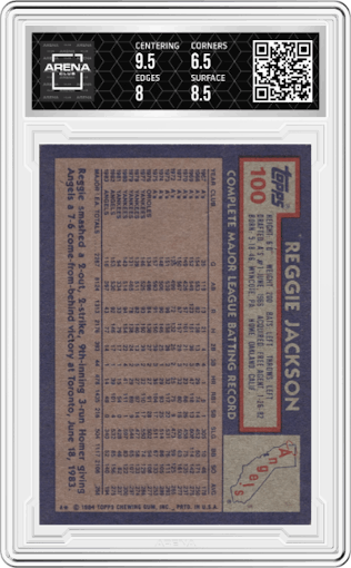 Reggie Jackson from the 1984 Topps set graded by Arena Club and given an overall grade of 7.