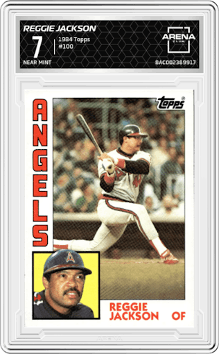 Reggie Jackson from the 1984 Topps set graded by Arena Club and given an overall grade of 7.