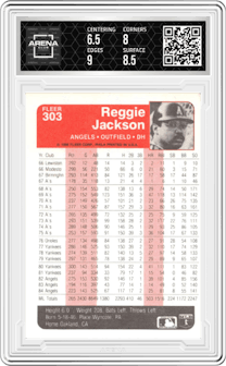 Reggie Jackson from the 1985 Fleer set graded by Arena Club and given an overall grade of 7.