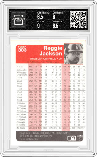 Reggie Jackson from the 1985 Fleer set graded by Arena Club and given an overall grade of 7.