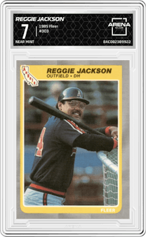 Reggie Jackson from the 1985 Fleer set graded by Arena Club and given an overall grade of 7.