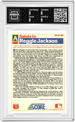 Reggie Jackson from the 1988 Score set graded by Arena Club and given an overall grade of 8.5.