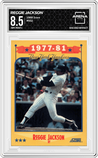 Reggie Jackson from the 1988 Score set graded by Arena Club and given an overall grade of 8.5.