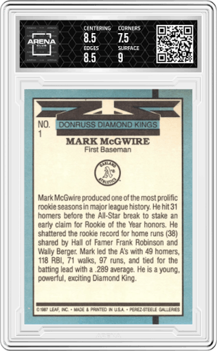 Mark McGwire  from the 1988 Donruss set graded by Arena Club and given an overall grade of 8.