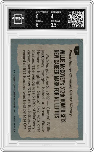 Willie McCovey from the 1980 Topps set graded by Arena Club and given an overall grade of 4.