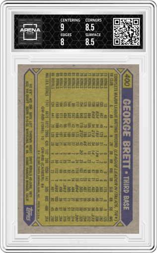 George Brett from the 1987 Topps set graded by Arena Club and given an overall grade of 8.5.