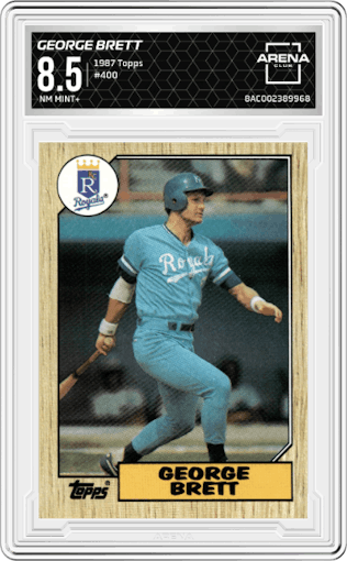 George Brett from the 1987 Topps set graded by Arena Club and given an overall grade of 8.5.
