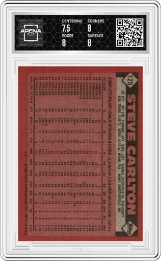 Steve Carlton from the 1986 Topps set graded by Arena Club and given an overall grade of 8.