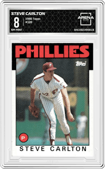 Steve Carlton from the 1986 Topps set graded by Arena Club and given an overall grade of 8.