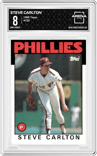 Steve Carlton from the 1986 Topps set graded by Arena Club and given an overall grade of 8.