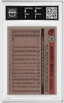 Johnny Bench from the 1981 Topps set graded by Arena Club and given an overall grade of 6.5.
