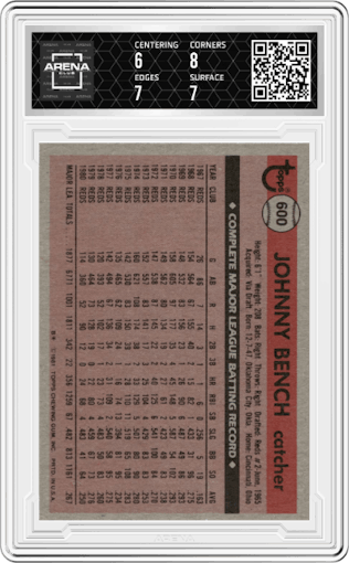Johnny Bench from the 1981 Topps set graded by Arena Club and given an overall grade of 6.5.