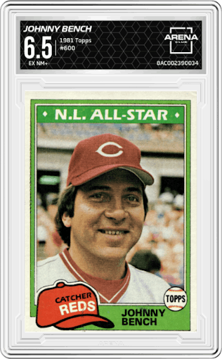 Johnny Bench from the 1981 Topps set graded by Arena Club and given an overall grade of 6.5.