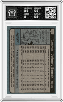 Johnny Bench from the 1980 Topps set graded by Arena Club and given an overall grade of 6.