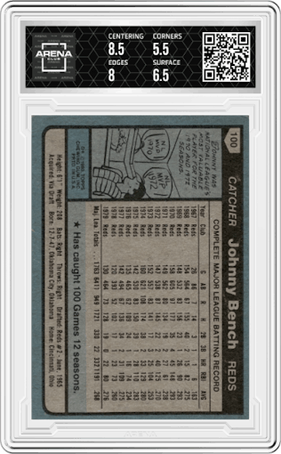 Johnny Bench from the 1980 Topps set graded by Arena Club and given an overall grade of 6.