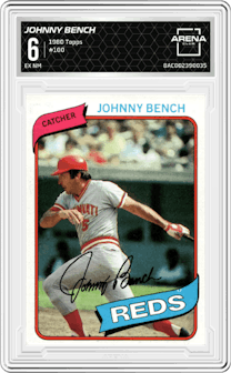 Johnny Bench from the 1980 Topps set graded by Arena Club and given an overall grade of 6.