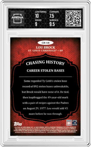 Lou Brock from the 2013 Topps set featuring a Gold Foil parallel graded by Arena Club and given an overall grade of 8.