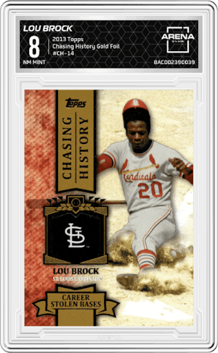 Lou Brock from the 2013 Topps set featuring a Gold Foil parallel graded by Arena Club and given an overall grade of 8.