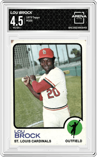 Lou Brock from the 1973 Topps set graded by Arena Club and given an overall grade of 4.5.