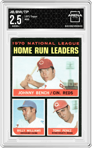 Johnny Bench/Billy Williams/Tony Perez from the 1971 Topps set graded by Arena Club and given an overall grade of 2.5.