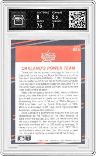 Mark McGwire/Jose Canseco from the 1988 Fleer set graded by Arena Club and given an overall grade of 6.5.