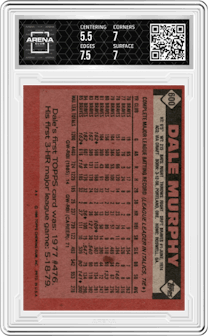 Dale Murphy from the 1986 Topps set graded by Arena Club and given an overall grade of 6.