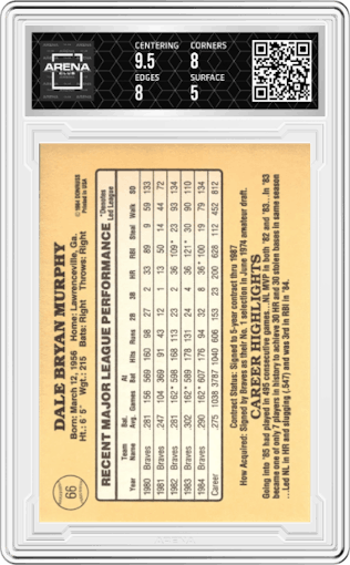 Dale Murphy from the 1985 Donruss set graded by Arena Club and given an overall grade of 5.5.