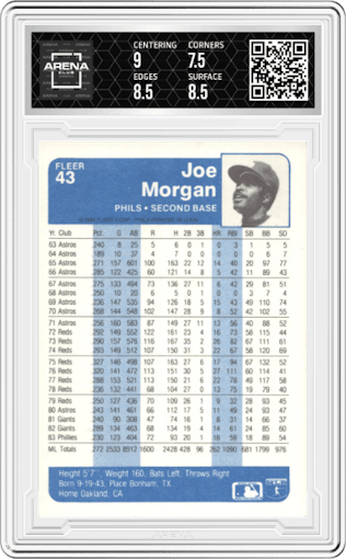 Joe Morgan from the 1984 Fleer set graded by Arena Club and given an overall grade of 8.